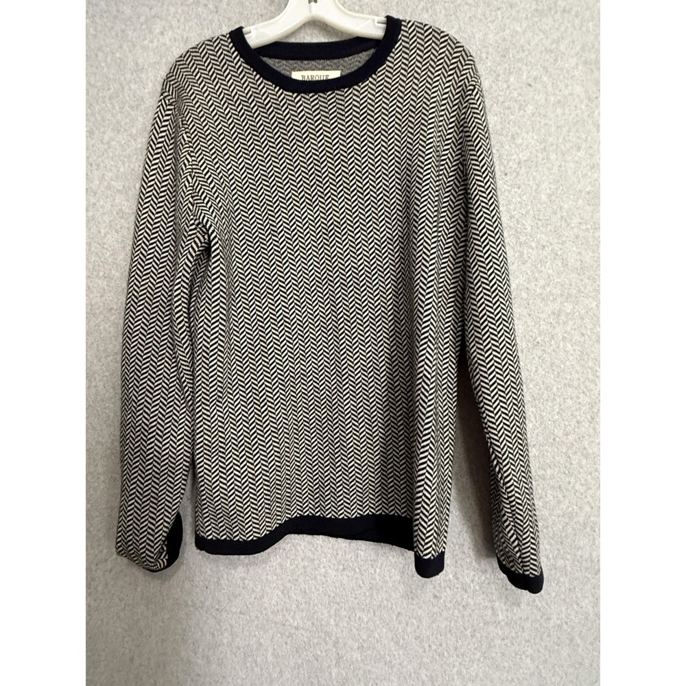 Barque Sweater Mens Medium Blue 100% Merino Wool Herringbone Crewneck Pullover